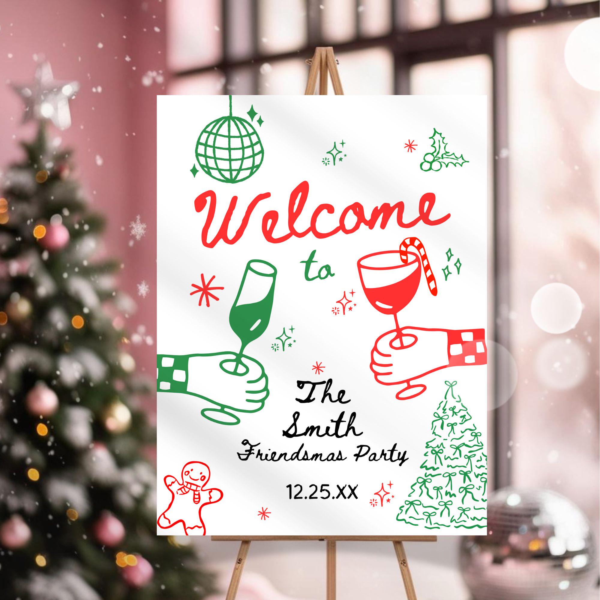 手描きのクリスマスパーティーウェルカムサイン：フレンズマス