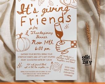 Op de afbeelding: Thanksgiving diner uitnodiging met bruine tekst en illustraties op een witte achtergrond. De uitnodiging bevat de tekst "It's giving Friends" en details voor een diner op 14 november om 18:00 uur. Volledig bewerkbaar in Canva.
