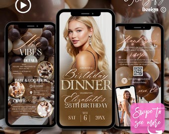 Mocha Brown Birthday Dinner Animated Invitation: Editable Canva Template (Digital Download)