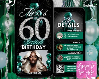 Green & Silver 60th Birthday Animated Invitation (Digital Download)
