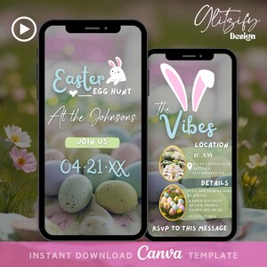 May include: A digital invitation for an Easter egg hunt at The Johnsons. The invitation features a pink and blue colour scheme with a bunny rabbit, eggs, and the text "Easter Egg Hunt at The Johnsons. Join Us 04-21-XX".