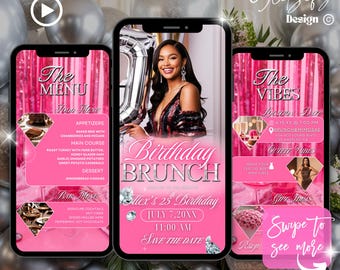 Pink Glam Birthday Brunch Animated Invitation: Diamond Menu (Digital Template)