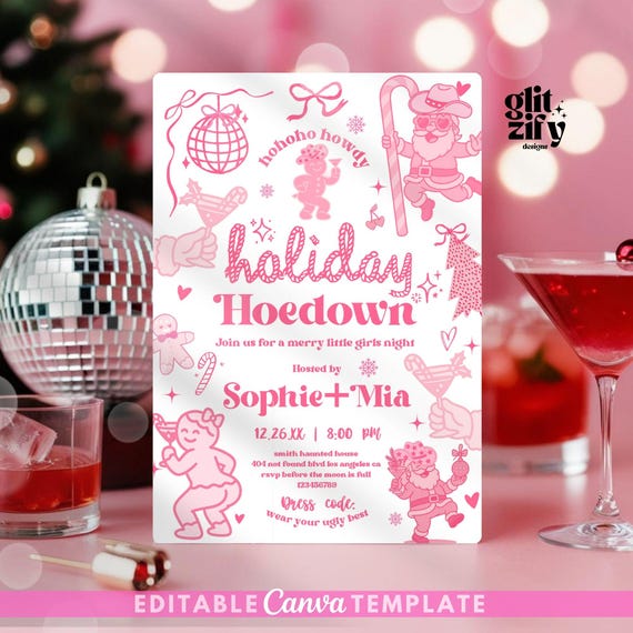 Pink Western Christmas Invitation: Funny Pink Santa,holiday Hoedown,  Editable in Canva (PDF) - Etsy