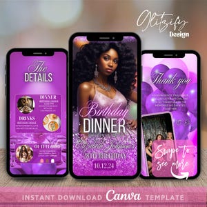 Hot Purple Birthday Dinner Video Invitation,Fancy Birthday Dinner Invite,Animated Birthday Invitation,Digital Birthday Flyer,Text Invitation