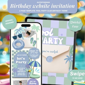May include: A digital birthday website invitation template featuring a pool party theme with a checkerboard background in light purple and green. The design includes illustrations of palm trees, sunglasses, a pool float, and an umbrella.