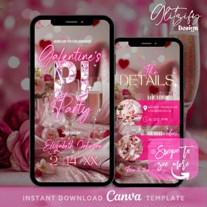 Invitación a la fiesta de pijamas de Galentine, invitación a la noche de chicas con cócteles de San Valentín, plantilla digital rosa para fiesta de Galentine, descarga instantánea de bricolaje