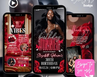 Red Neon Geburtstagsessen Video Einladung,Schmetterling Geburtstagsessen Einladung,Geburtstag einladen mit Foto,Pink Glam Diamanten Geburtstag einladen