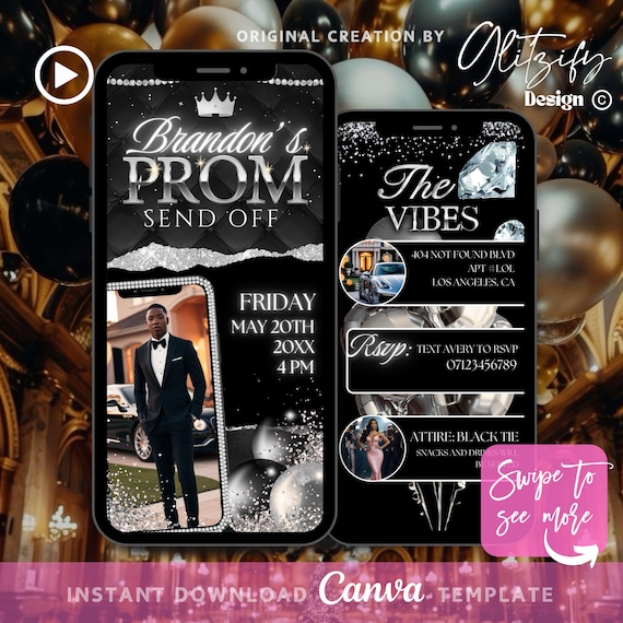 Elegant Prom Send Off Animated Invitation: Black & Silver (Digital Download)