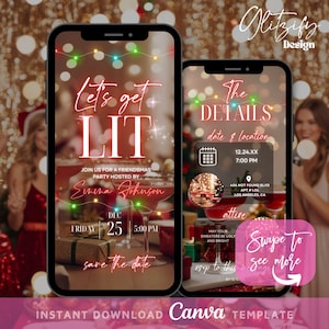 Let&#39;s Get Lit Christmas party digital invitation,christmas party invitation,holiday party digital invite,christmas litmas invitation diy