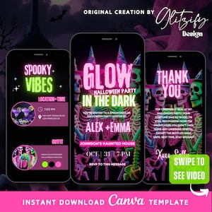 May include: A digital Halloween party invitation template on a smartphone screen. The design features neon green and pink text, skeletons, and the words "Glow in the Dark Halloween Party". Includes a "Swipe to See Video" prompt.