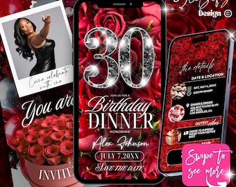 Animated 30th Birthday Invitation: Red Roses, Editable in Canva (Digital Download)