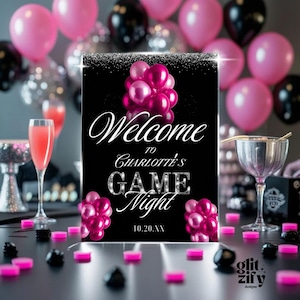 Glam Game Night Welcome Sign: Editable Pink Party Decor (Canva Digital Download)