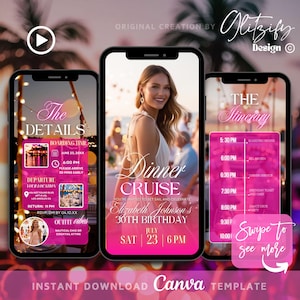 Pink Dinner Cruise Invitation,Birthday Cruise Invite,Dinner Cruise Invite,Tropical Birthday Cruise Itinerary,Let&#39;s Cruise Yacht Party Evite