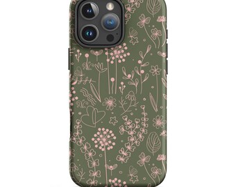 May include: A phone case with a botanical design. The case has a dark green background with a repeating pattern of pink flowers, leaves, and stems. The case has a glossy finish and a black camera housing.