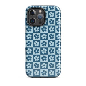 Retro Flower iPhone Case, Blue Checkered Phone Case, Mod Floral iPhone Cover, Groovy 70s Aesthetic Phone Case, Y2K Cute iPhone 16 15 14 Case