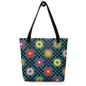 Bolso tote con flores retro, bolso tote de cuadros para mujer, bolso tote colorido con estampado floral Y2K, bolso estilo años 70, bolso tote original, bolso tote único