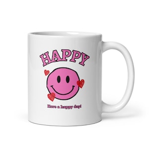Pink Happy Face Mug, Smiley Face Coffee Mug, Positive Vibes Mug, Cute Aesthetic Mug, Retro Smiley Mug, Dopamine Gift, Feel Good Mug, Y2K Mug