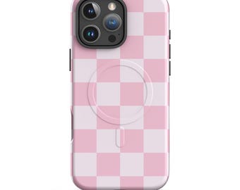 Pink Checkerboard iPhone Case: Pastel Retro Check, Tough MagSafe Cover