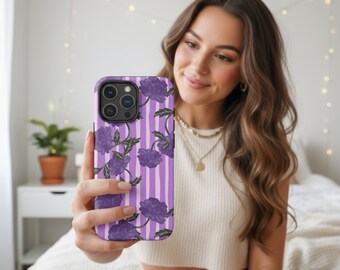 Purple Floral Tough iPhone Case: Lilac Stripe Cottagecore Durable Cover