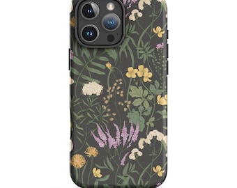 Funda resistente para iPhone con diseño de flores silvestres: diseño de jardín vintage con flores oscuras