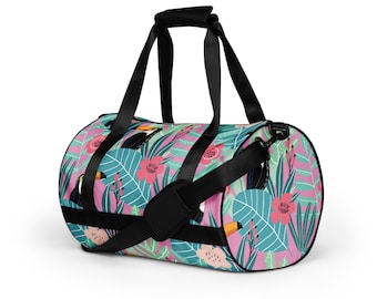 Tropical Toucan Duffle Bag, Colorful Floral Gym Bag, Jungle Weekender, Travel Tote for Her