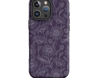 Dark Purple Daisy Line Art Tough iPhone Case: Stimmungsvolle Blumen Handy-Abdeckung