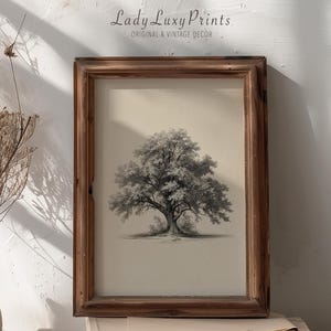 May include: A framed black and white tree print with a wooden frame, resting on a stack of old books. A vase with dried plants is to the left. The text "Lady Luxy Prints ORIGINAL & VINTAGE DECOR" is visible.