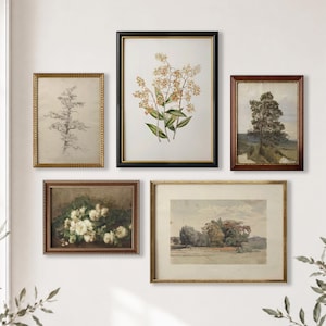 Peut inclure: Un ensemble de cinq cadres muraux comprenant une illustration botanique de fleurs jaunes, un croquis au crayon d'un arbre, une peinture de paysage avec un arbre, une nature morte de roses blanches et un paysage à l'aquarelle d'arbres.
