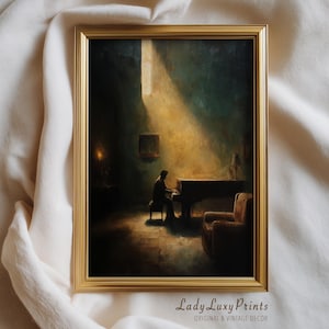 Puede incluir: Una impresión vintage enmarcada representa a una persona tocando el piano en una habitación con poca luz, iluminada por un rayo de luz. La obra de arte presenta un marco dorado y una paleta de colores cálidos, con el texto "Lady Luxy Prints".