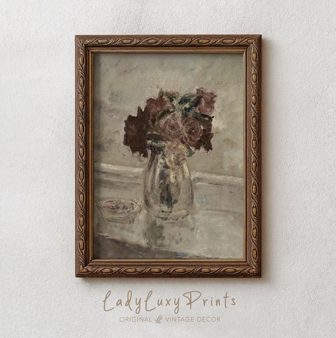 Moody Rose Still Life Print: Vintage Floral Oil Painting in Soft ...