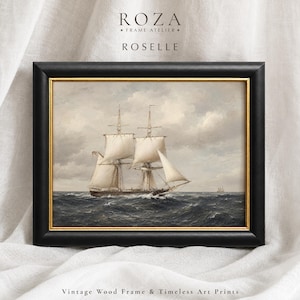 Framed Vintage Sailing Ship Print, Nautical Ocean Seascape Wall Art, Rustic Beach House Decor