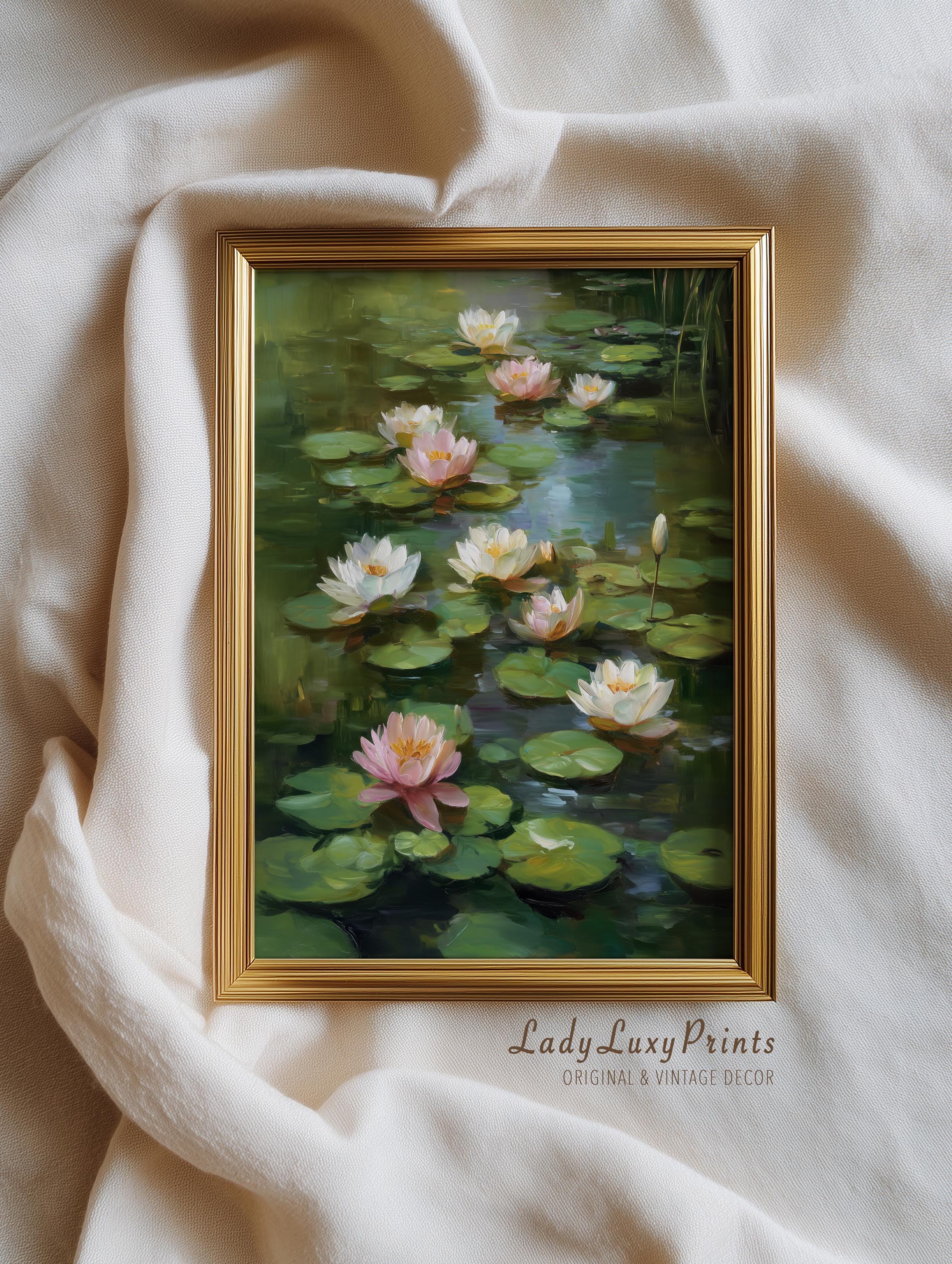 ヴィンテージ睡蓮の池のプリント：植物油絵（デジタルダウンロード