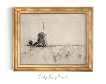 Vintage Windmill Sketch Print: Antique Farmhouse Landscape (Digital Download) #42