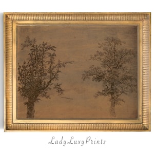 Vintage Trees Sketch Print, Neutral Etching, Brown Tone, Tree Wall Art, Antique Moody Drawing, Rustic Moody Home Decor, Digital Download, 78