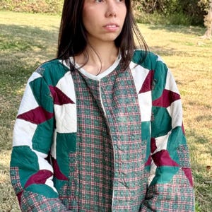 Vintage Geometric Patchwork Quilt Jacket, Green Burgundy and Cream