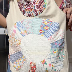 1930s Fan Patchwork Quilt Einkaufstasche Handgemacht Baumwollleinen gefüttert 14x14