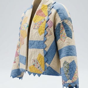 May include: A quilted jacket constructed from cream, blue, and yellow fabric panels featuring floral patterns. The garment has a notched collar, long sleeves, and a hemline finished with a decorative blue triangular sawtooth edge detail.