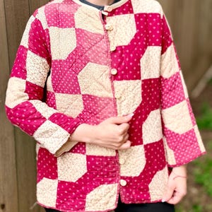 1940s Patchwork Quilt Jacket Cotton Red Cream Checker Pattern