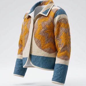 May include: A quilted jacket with a unique starburst pattern. The jacket features a color palette of mustard yellow, brown, cream, and blue. The jacket has a collar and is made of a quilted fabric. The jacket is a stylish outerwear option.