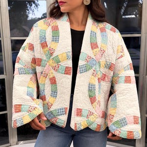 Upcycled Quilt Jacket | Double Wedding Ring Patchwork, Shawl Collar