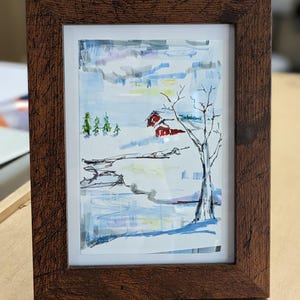 Original Winter Scene Painting, One of a Kind Snowy Landscape Painting, Hand painted Snowy field with Red House, Snowy Barn Painting