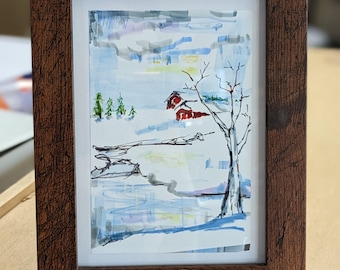 Original Winter Scene Painting, One of a Kind Snowy Landscape Painting, Hand painted Snowy field with Red House, Snowy Barn Painting