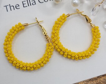 Yellow Hoop Jewelry, Large Seed Bead Earrings with Gold Wrap Detail