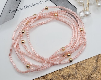 Dusty Peach Miyuki Bracelet 14K Gold Filled Ball Set: Minimalist Layered Jewelry
