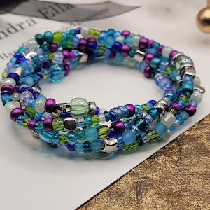 Seed Bead Bracelet, Blue Purple Lime Green Colors, Stretch String Bohemian Jewelry