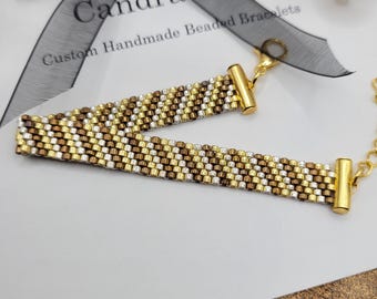 Peyote Bead Bracelet, Gold Silver Copper Tricolor Woven Jewelry