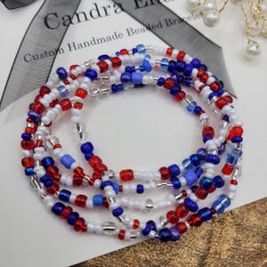 Everyday Bracelet, Red White Blue Seed Beads and Stretch String