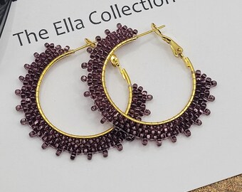 Purple Hoops Fringe Earrings, Gold Finish, Beaded Dangle Design