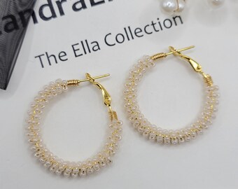 Wrap Hoop Earrings, White Seed Bead Dangle Design with Gold-Tone Metal