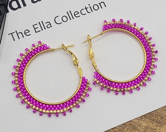 Pink and Gold Miyuki Delica Bead Hoop Earrings